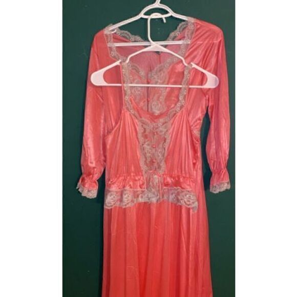 Vintage TEXSHEEN Lingerie Long Pink Chiffon Lace Lounge Gown & Robe Peignoir - Picture 8 of 11